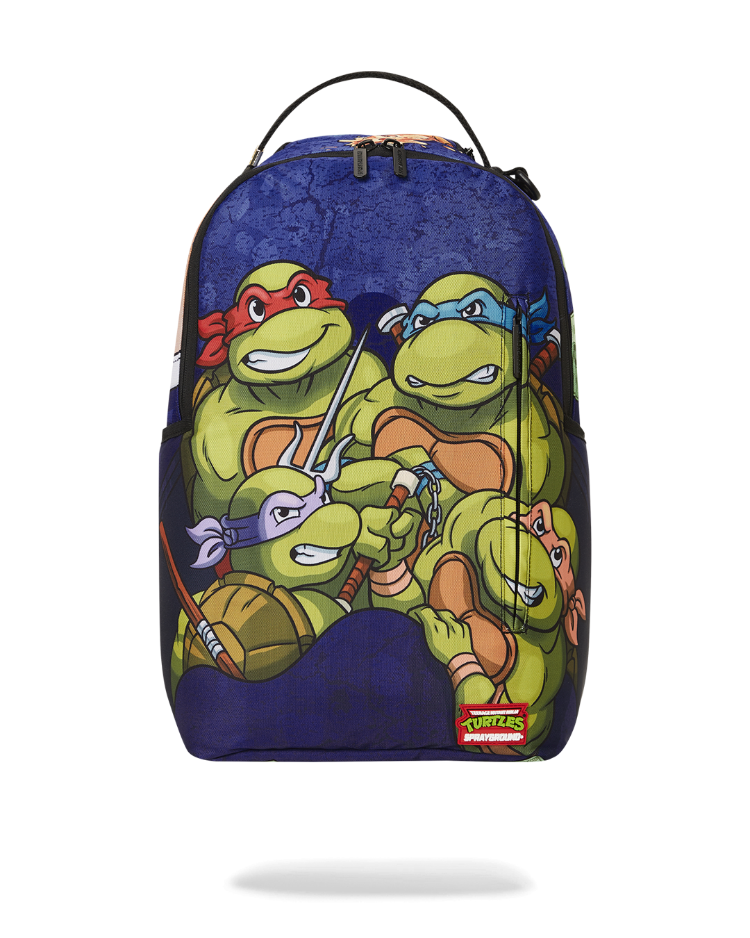 TMNT Sewer Cap Deluxe Sprayground Backpack pink front view, showing the front zipper pocket.