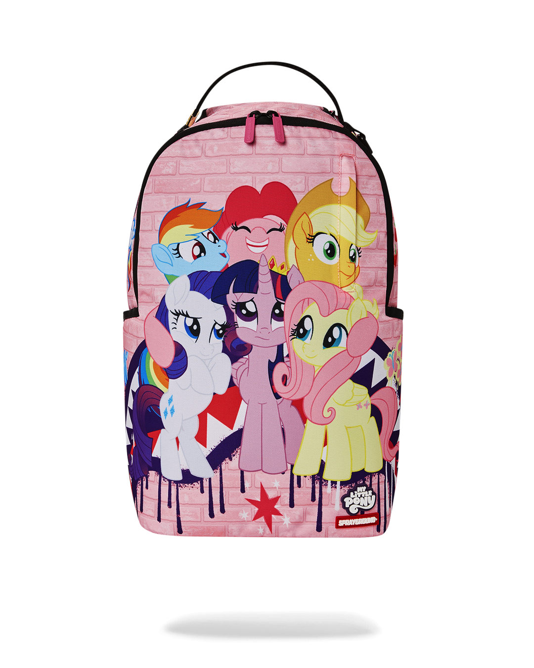 Bright pink sprayground backpack with My Little Pony design, ideal for kids' school and travel.