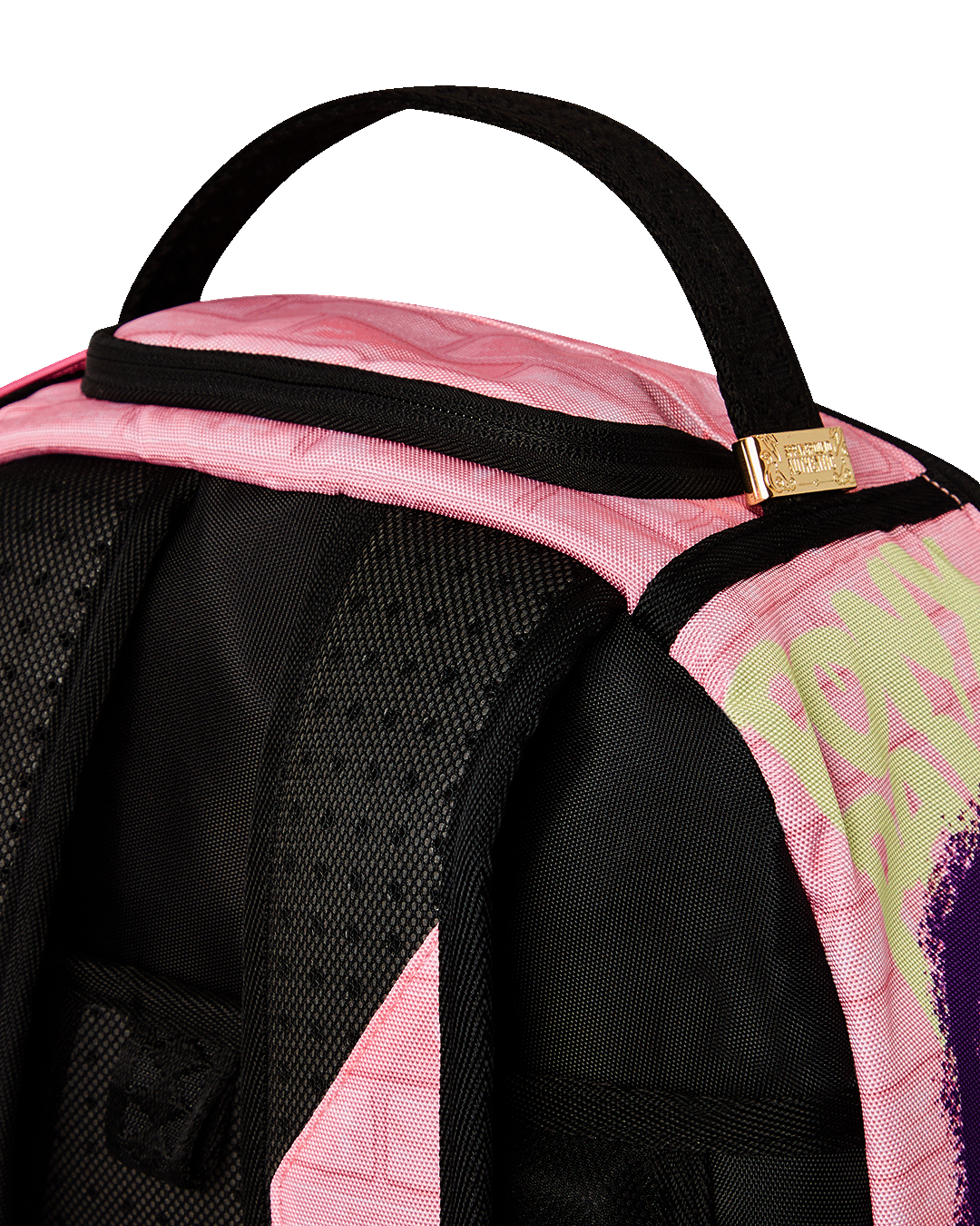 Close-up of the gold zippers and metal hardware on a vibrant sprayground backpack for children.