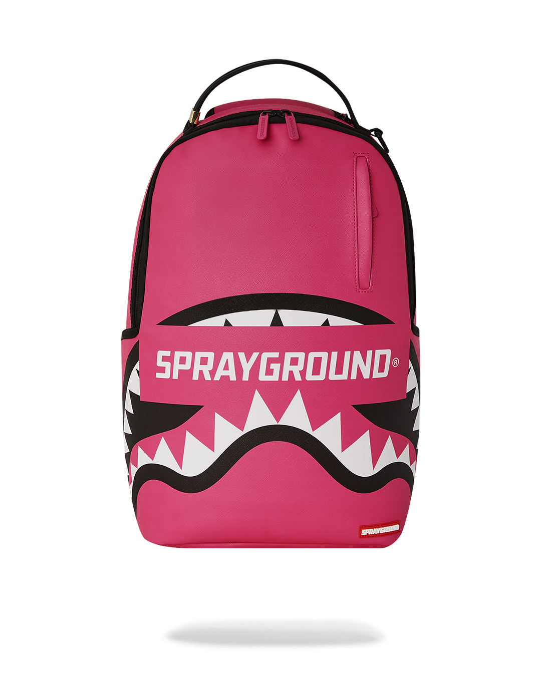 Front angle of sprayground backpack pink edition, highlighting gold zippers and logo badge.