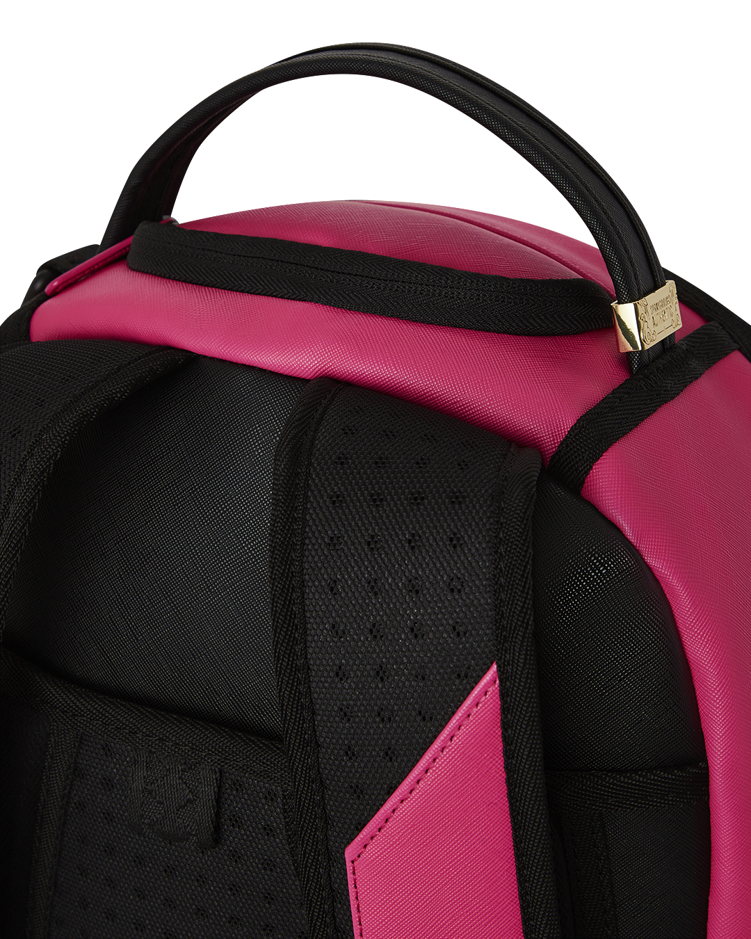 Faux leather backpack with front zipper pocket and side pockets, ideal for travel and daily use.