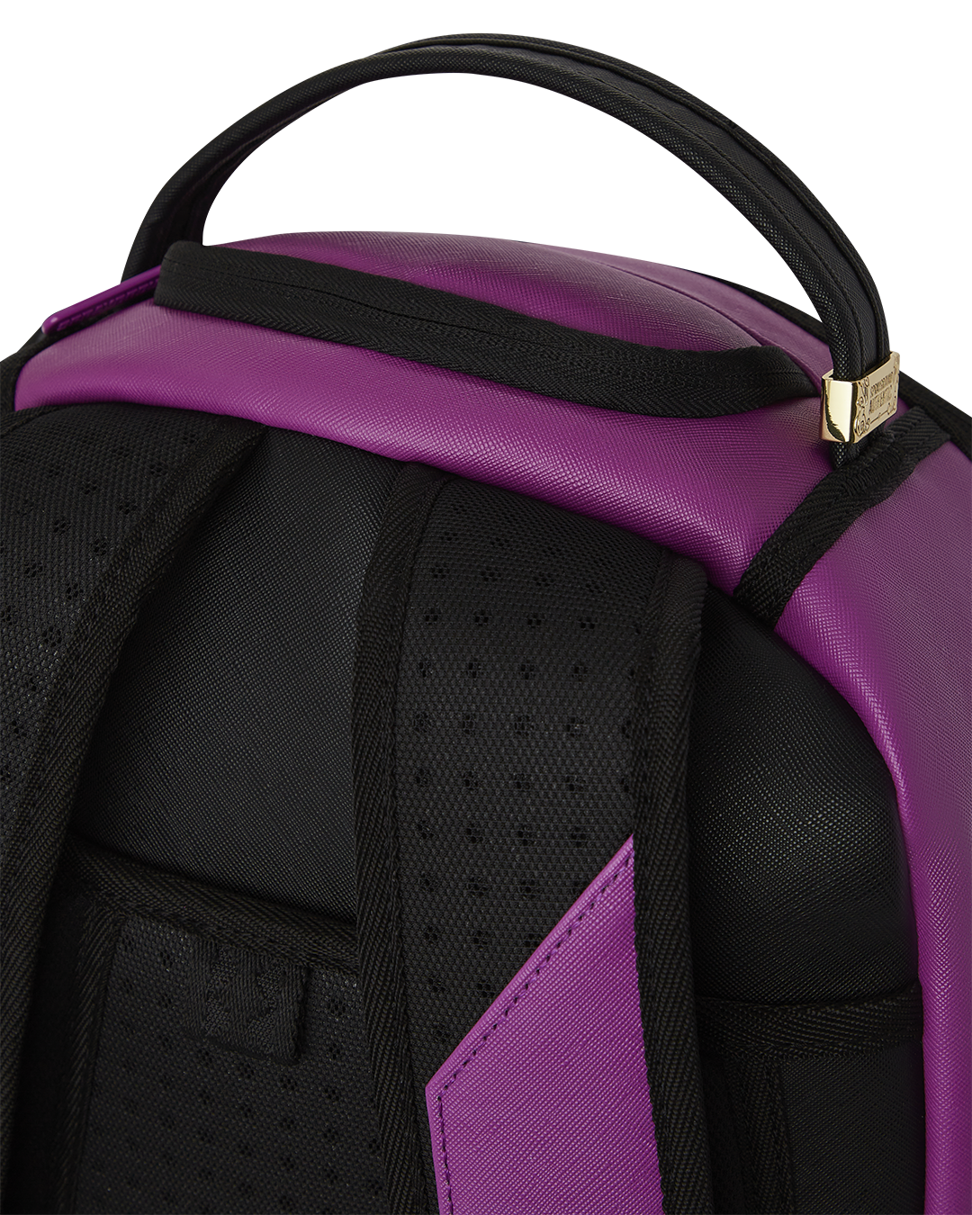 Viola Luxe faux leather backpack showcasing side pockets and gold zippers.