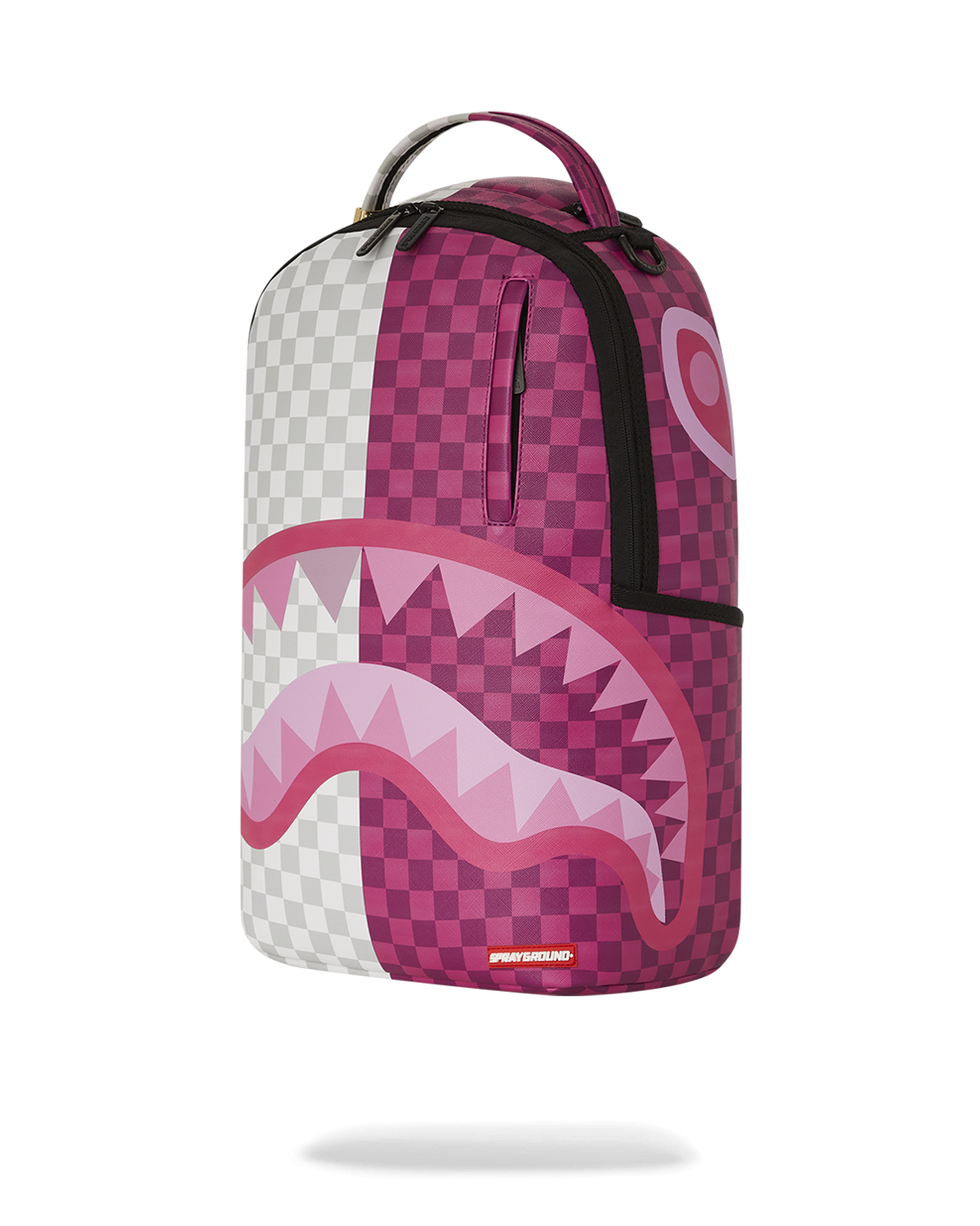 Sprayground faux leather backpack showing front pockets and gold zippers