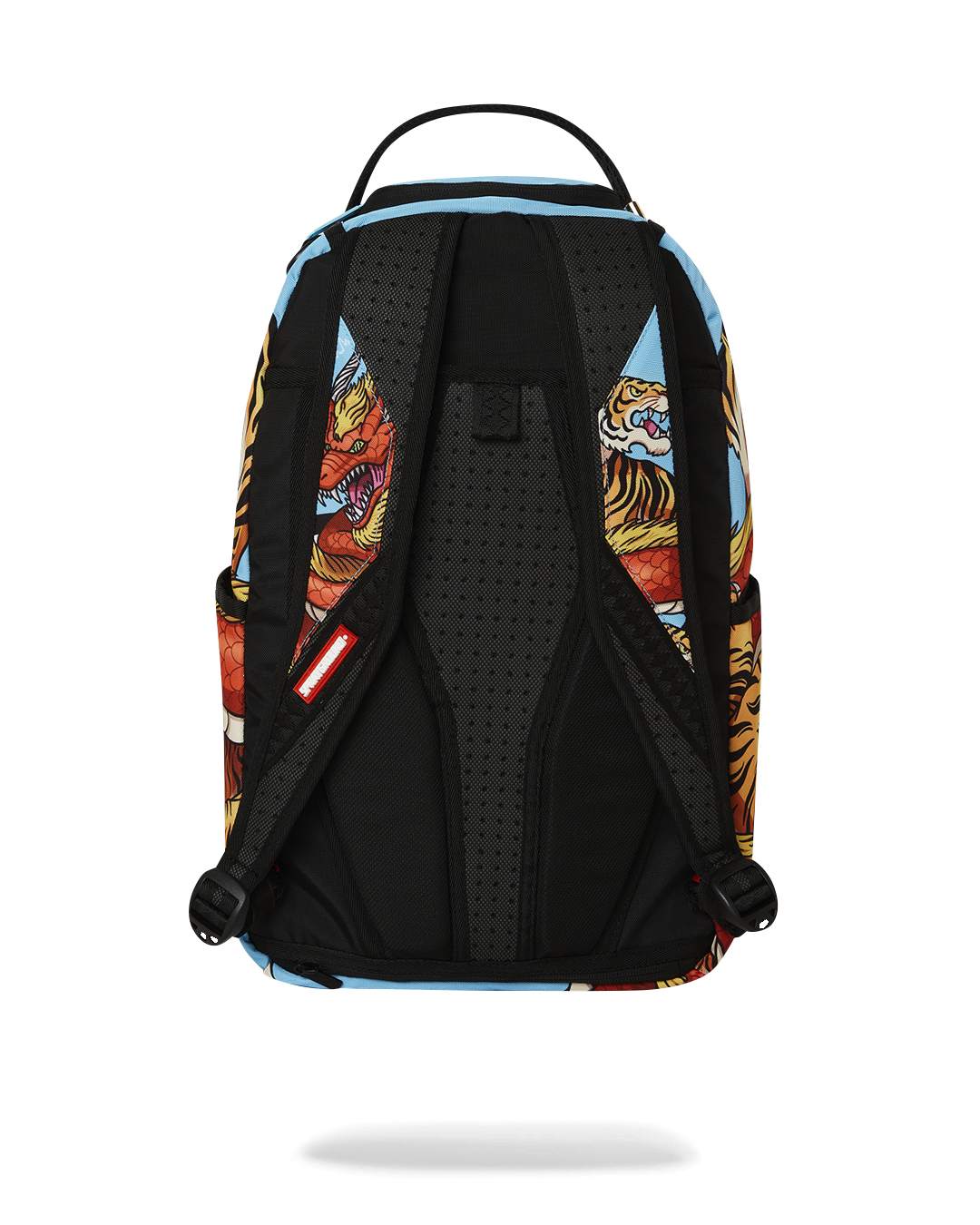 Front view of stylish Sprayground RAP BATTLE DLXSR backpack with gold zippers