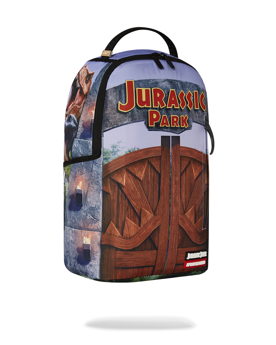 Sprayground Jurassic Shark Backpack with separate velour sunglass compartment and gold zippers