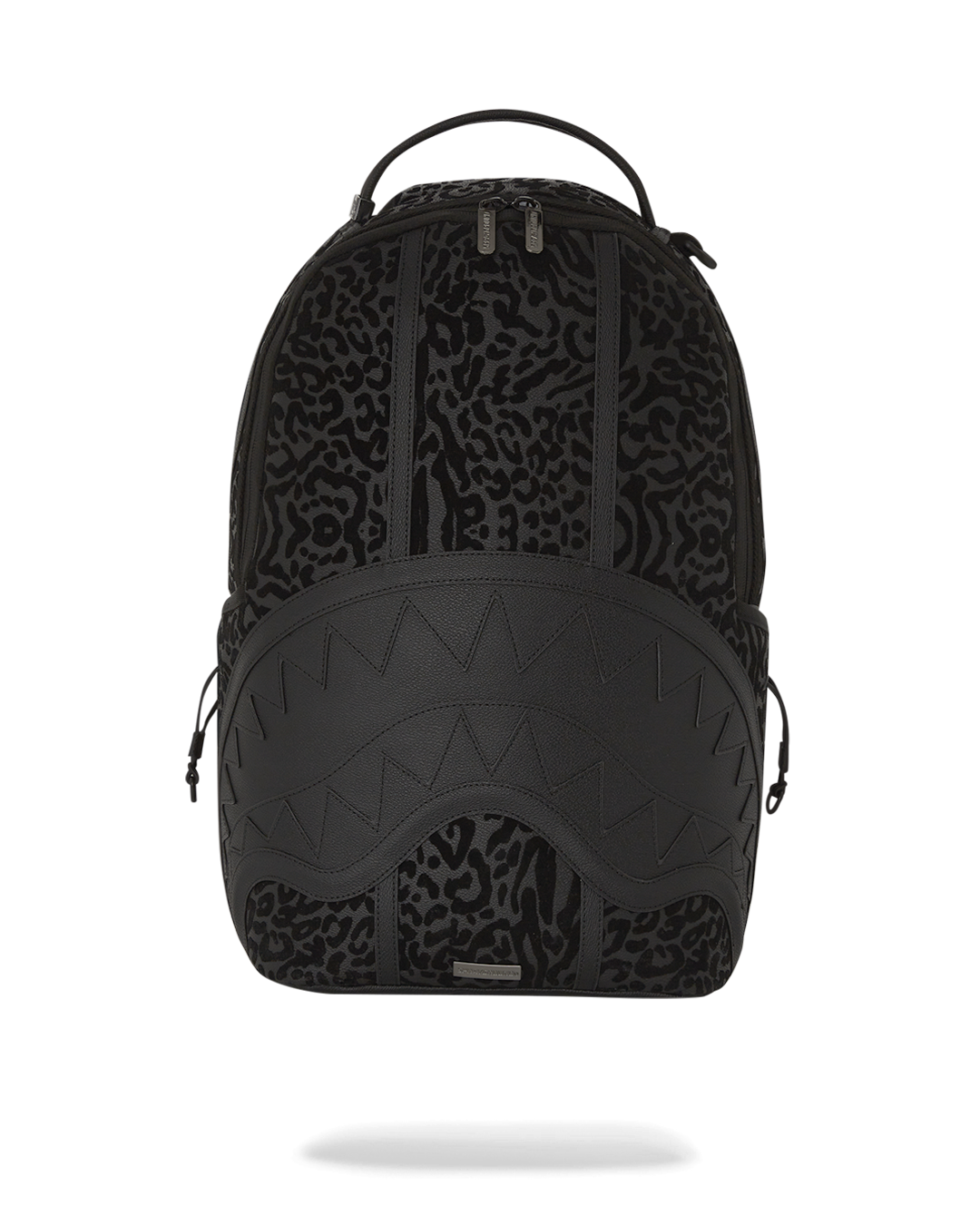 Front view of faux leather backpack with zippered compartments and urban styling