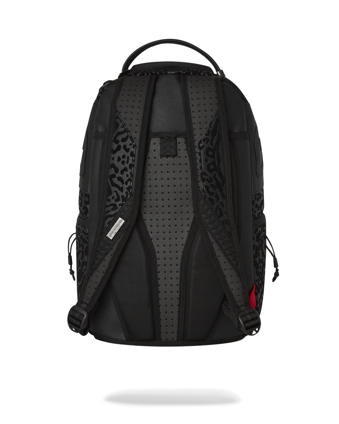 Front view of faux leather backpack with zippered compartments and urban styling