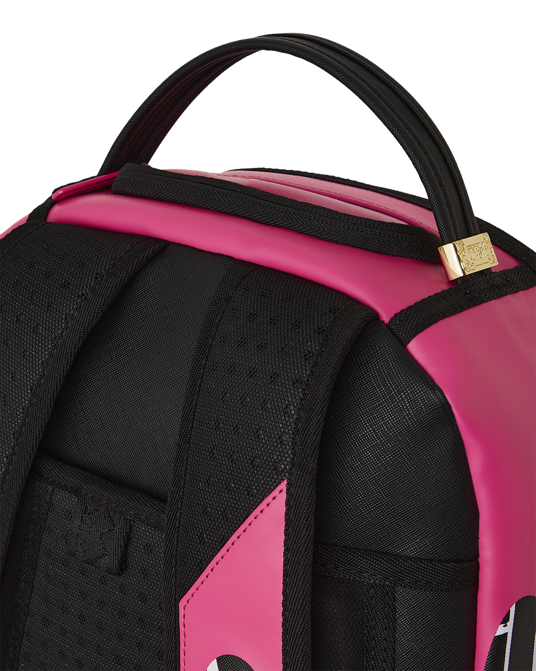 Front view of Seaside Luxe faux leather laptop backpack with gold zippers.