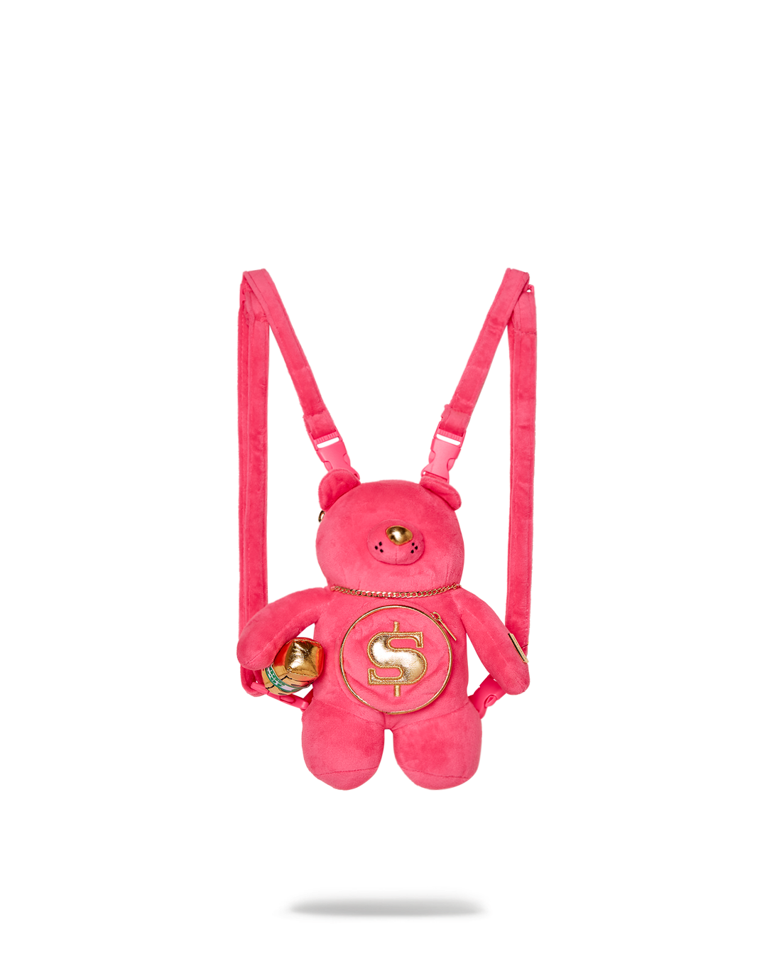 Front view of pink teddy bear backpack with gold embroidery and studs