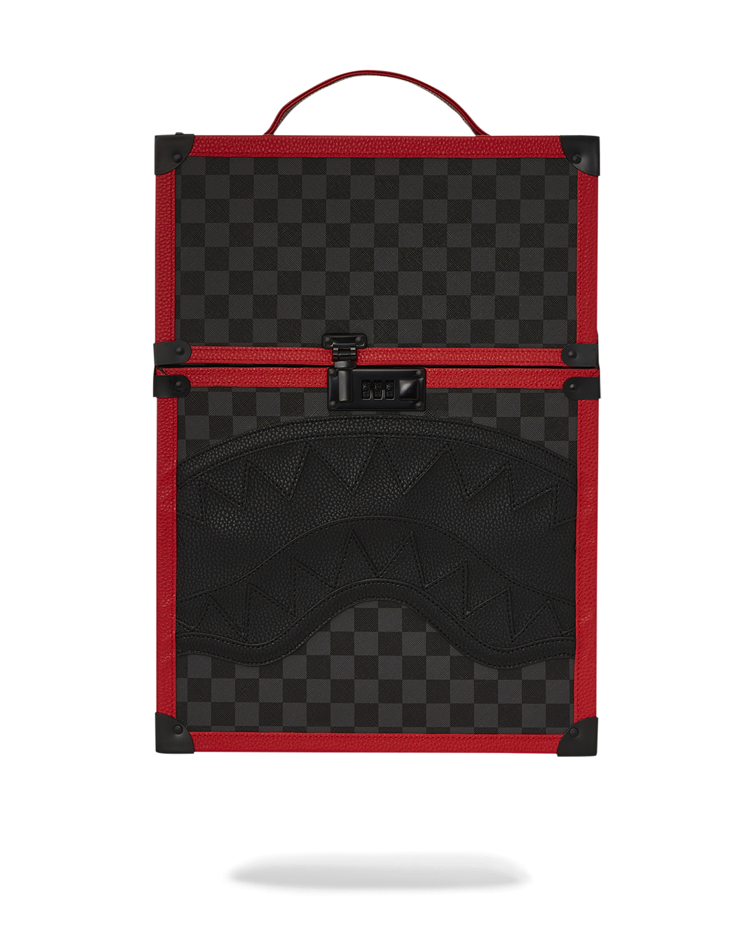 Chaturanga Shark Backpack front view with checkered pattern and wooden accents
