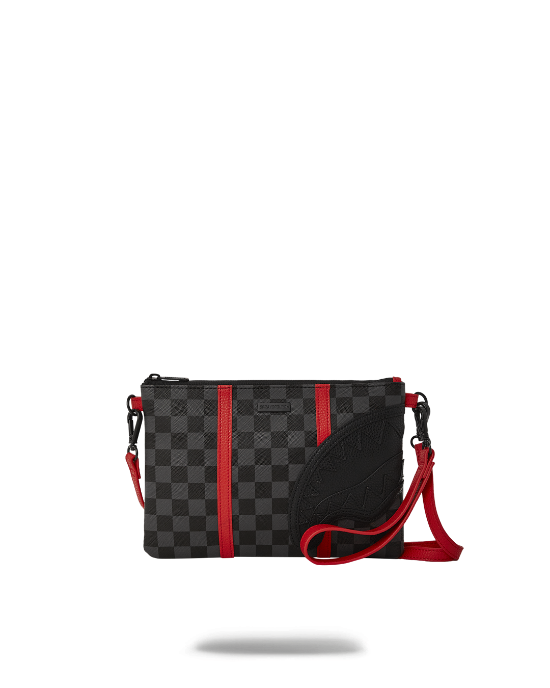 Front view of Monaco Shark Club crossover clutch with handle and strap