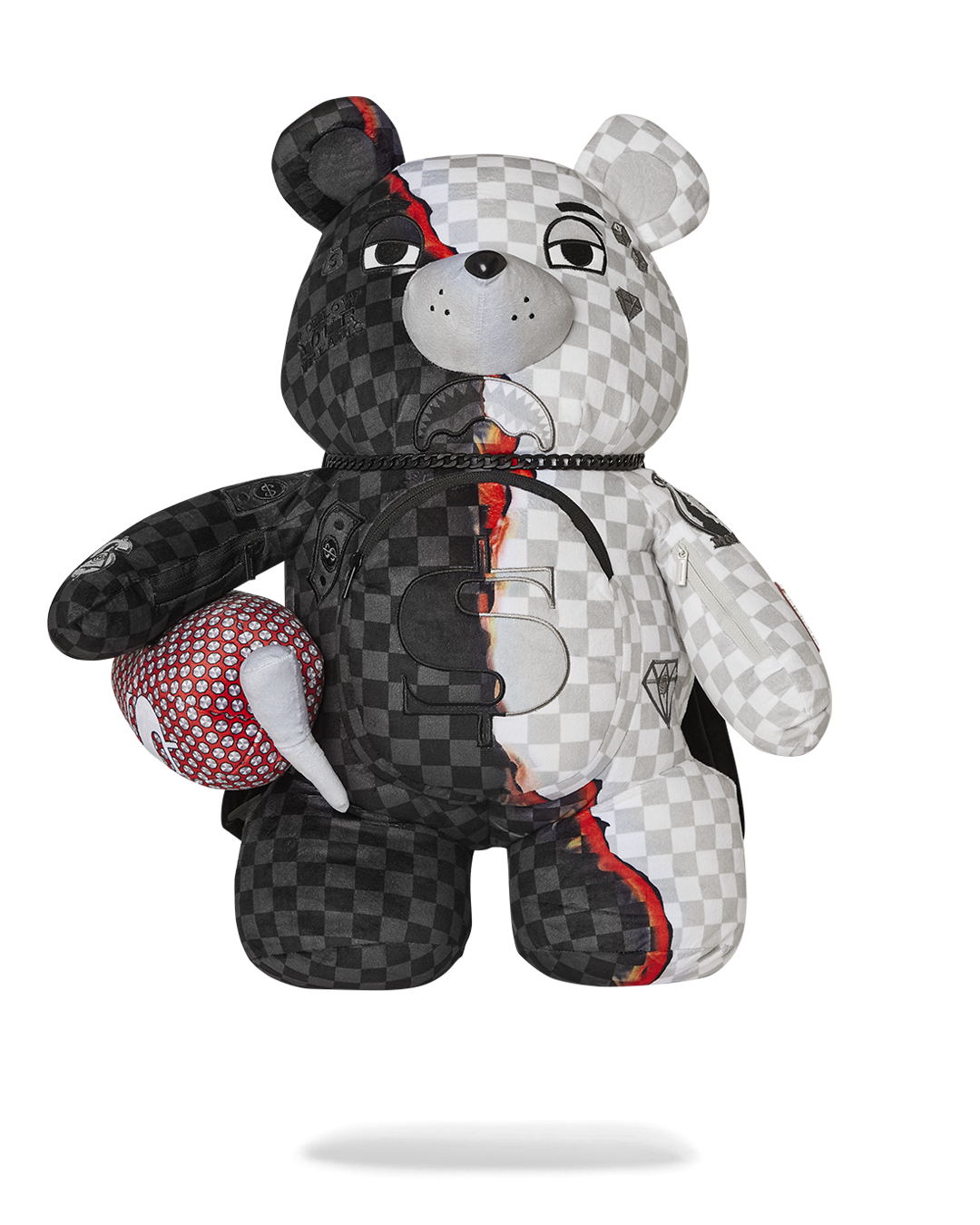 Front view of the Money Bear Teddy Backpack showcasing its zippered pockets.