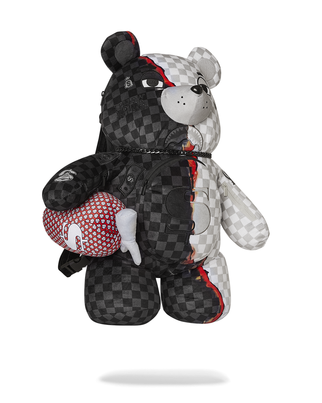 Close-up of the backpacks durable polyester velour fabric and water-resistant feature.