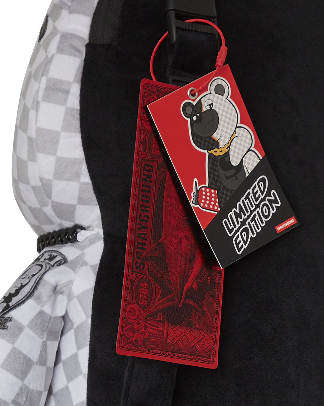 Front view of the Money Bear Teddy Backpack showcasing its zippered pockets.