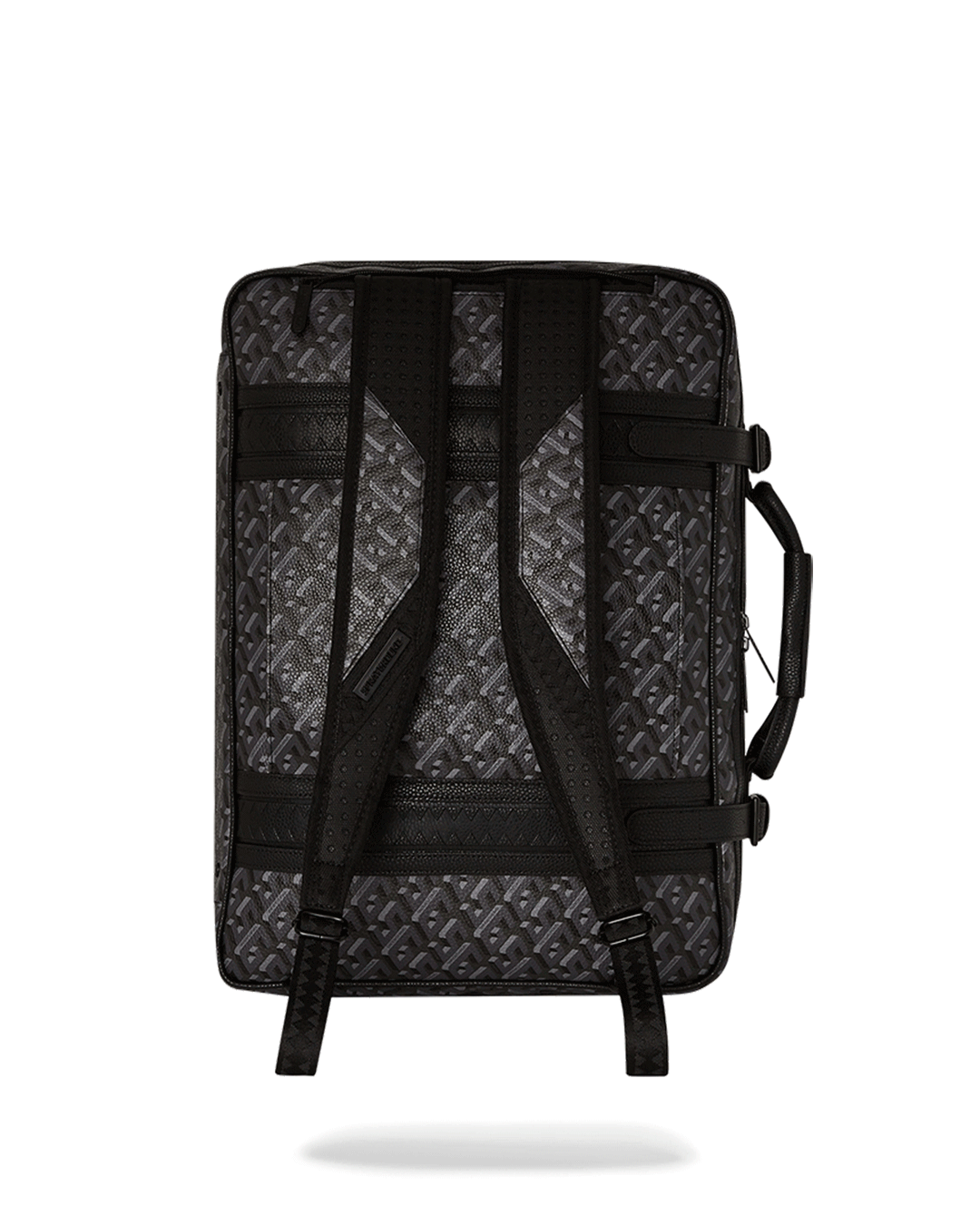 Close-up of the backpacks embossed sharkmouth details and whip stitching