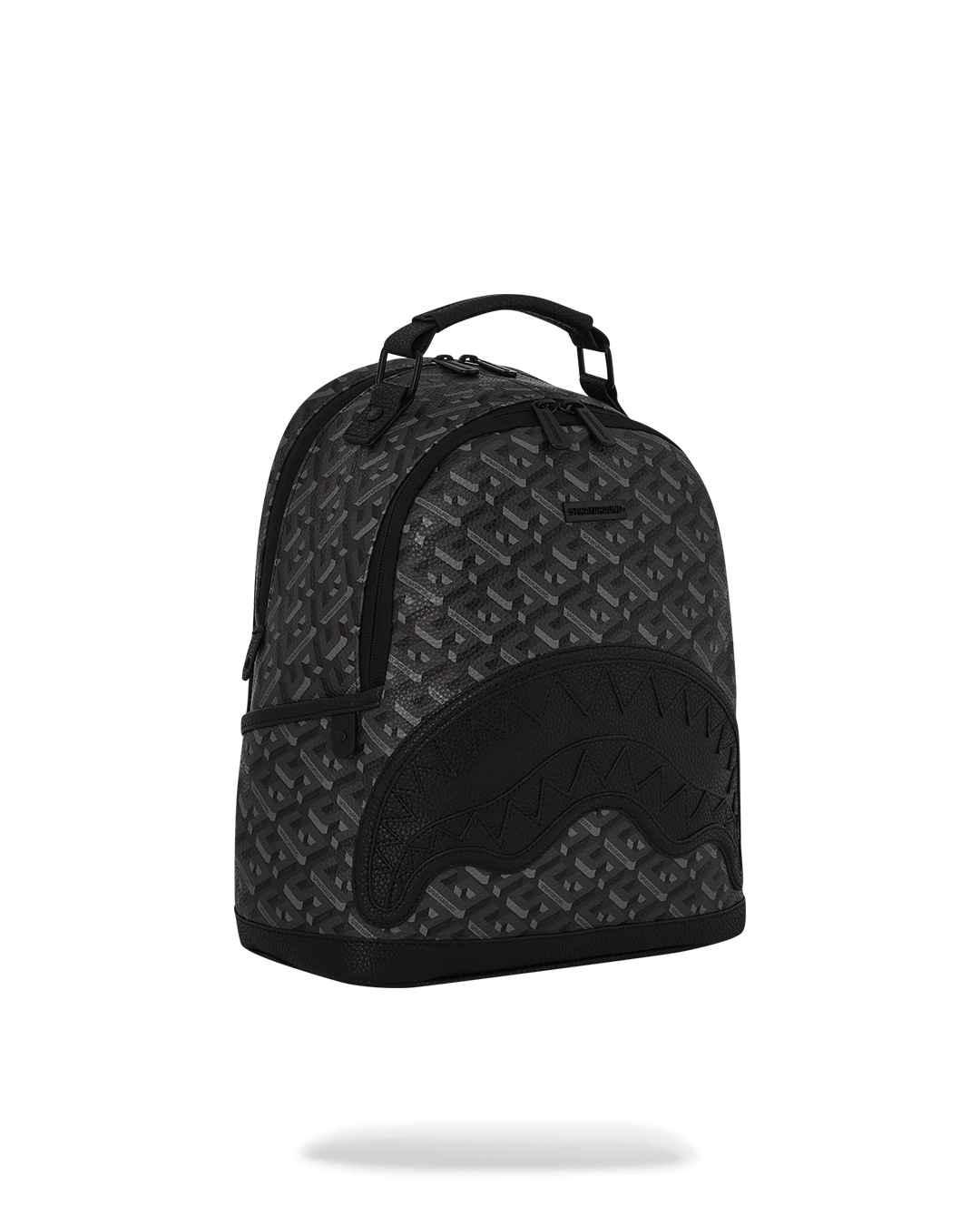 Front of the black leather backpack with gold zippers and spacious compartments