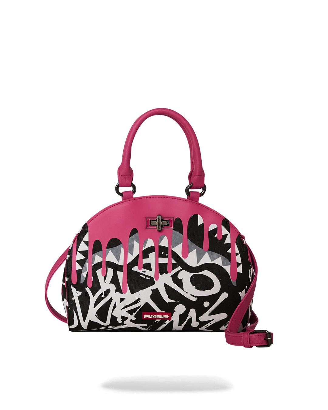 Angled view of the crossbody bag showing the flap and shark lock detail.