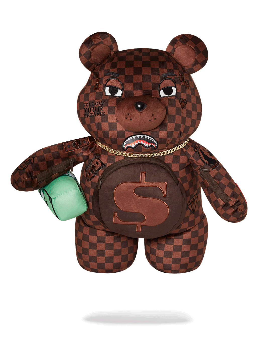 Front view of teddy bear backpack showing lenticular face design and belly pocket
