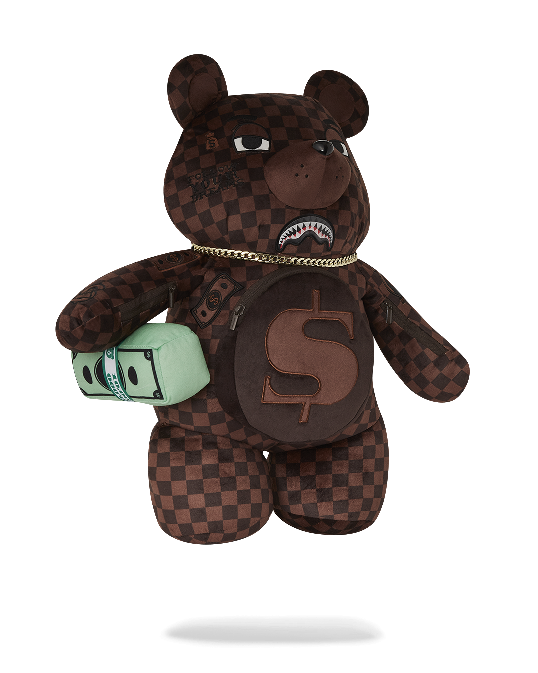 Close-up of arm zippered compartments on soft velour teddy bear backpack