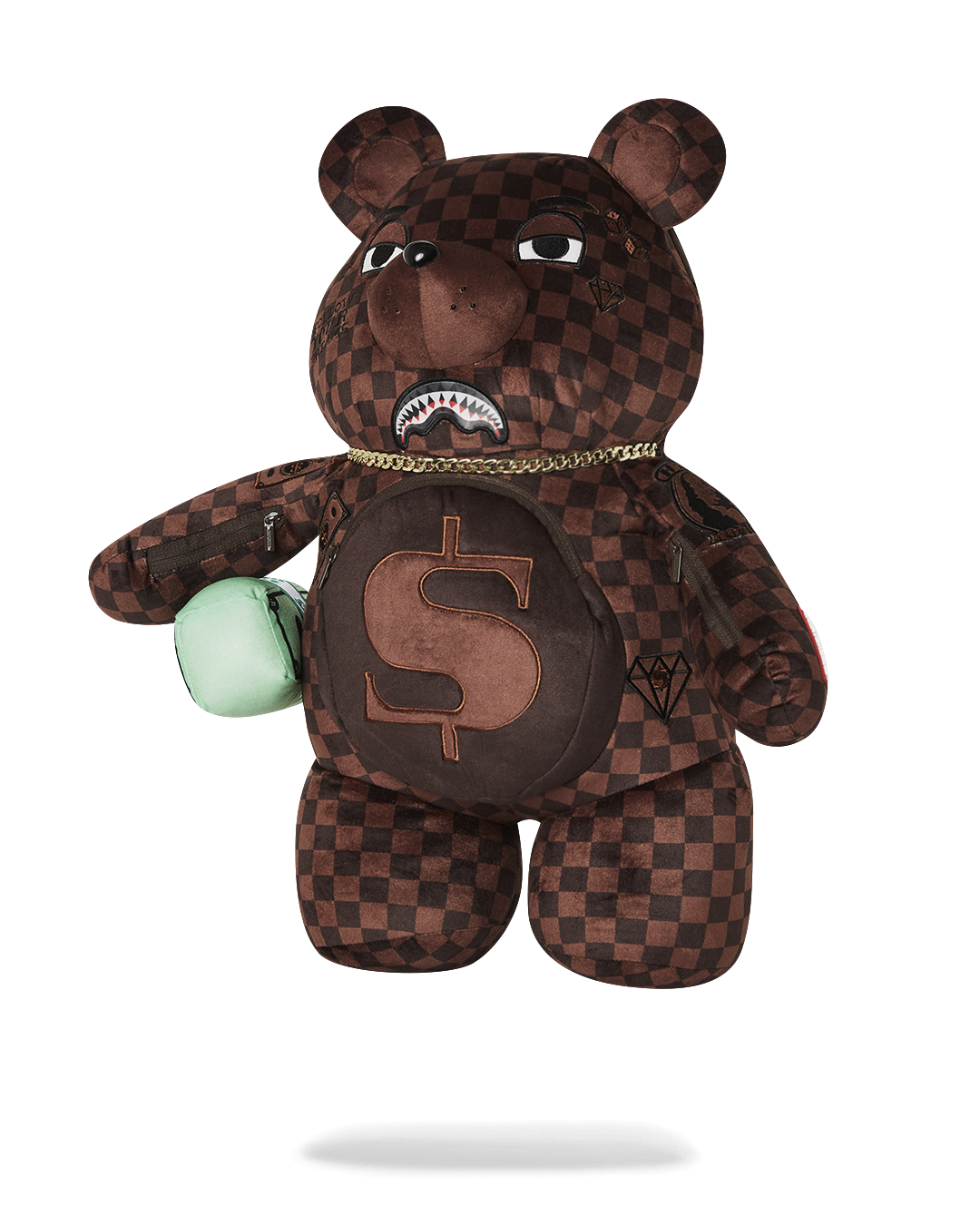 Front view of teddy bear backpack showing lenticular face design and belly pocket