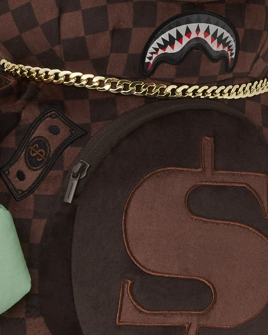 Front view of teddy bear backpack showing lenticular face design and belly pocket