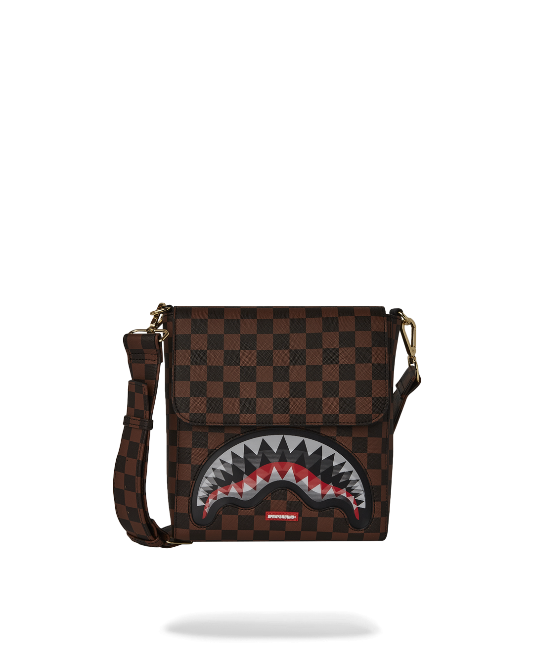 Front view of the sling bag showing lenticular sharkmouth design and zipper closure.