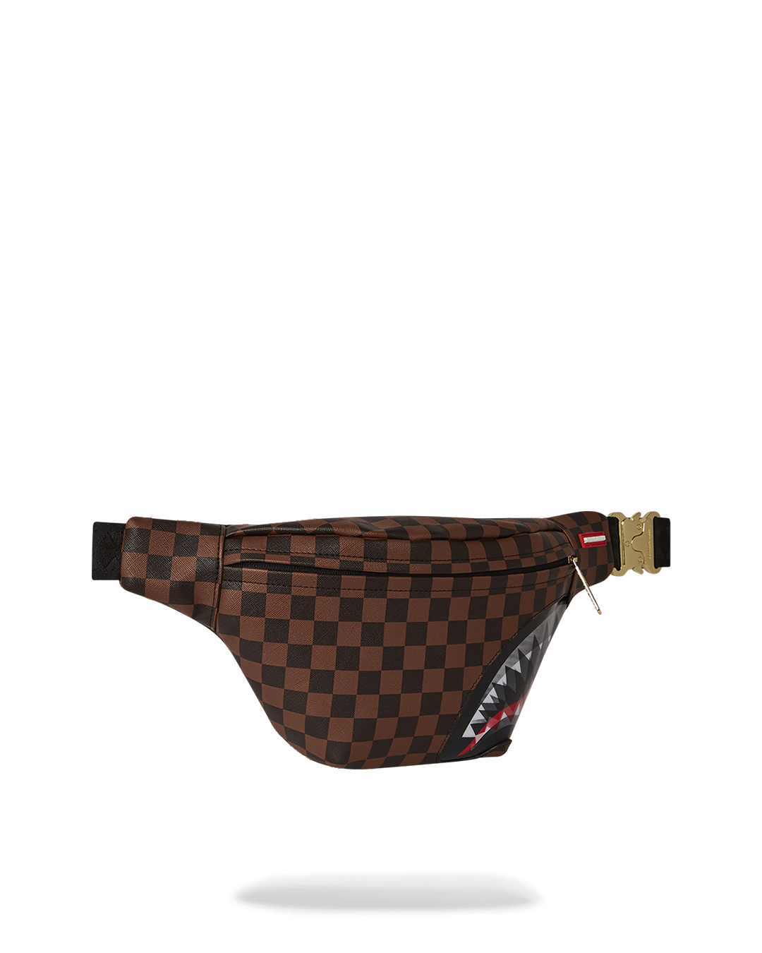 Close-up of the red zippered pocket with metal buckle hardware