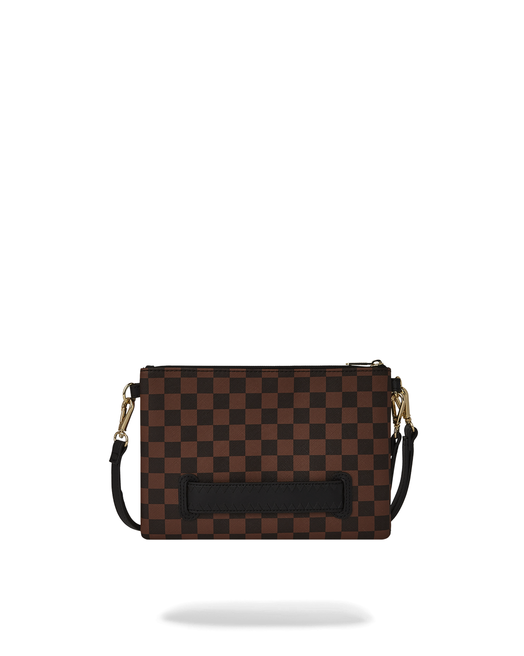 Model wearing shark print clutch purse crossbody with black dress