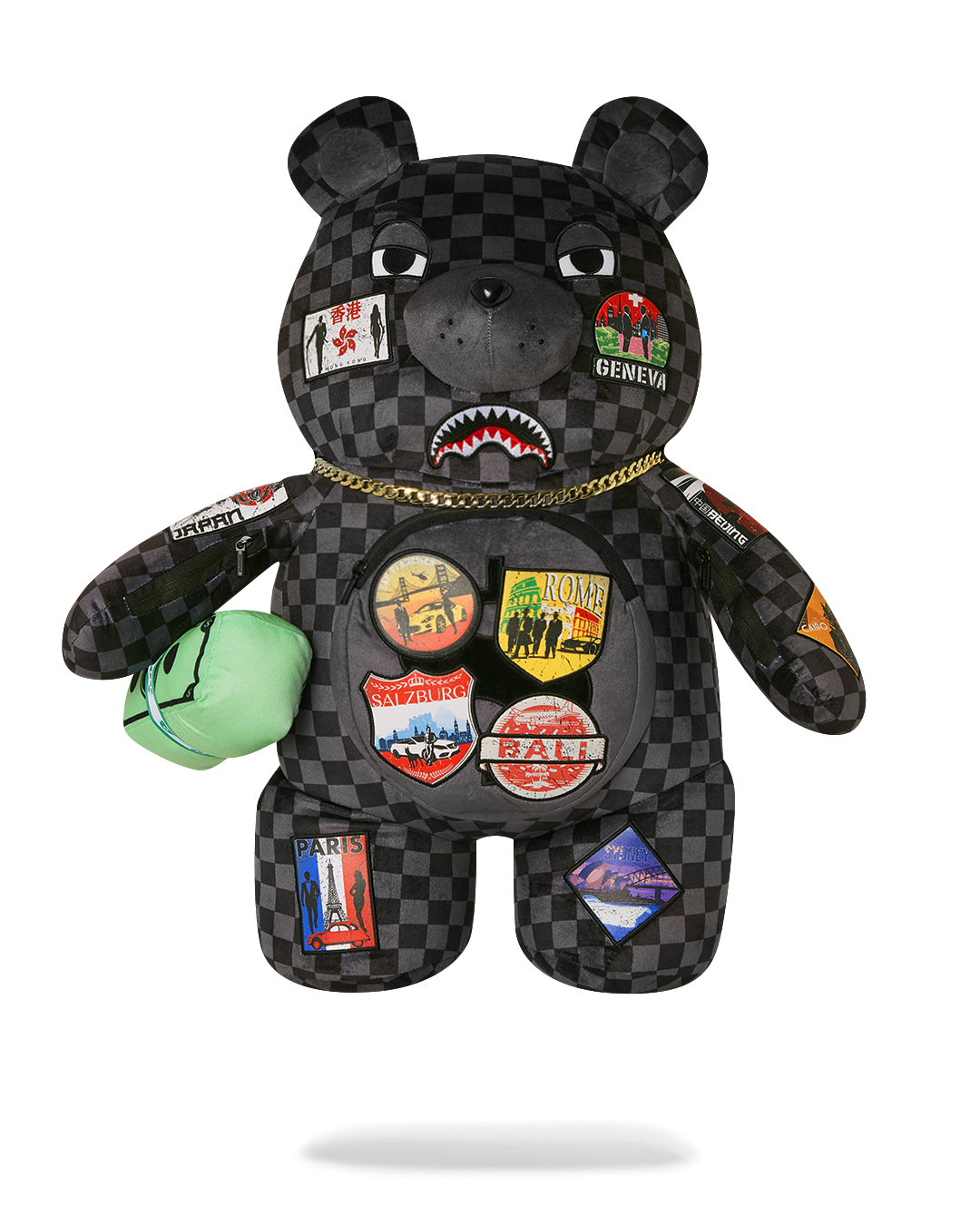 Close-up of teddy bear backpack with animal print design, ideal for kids' daily use