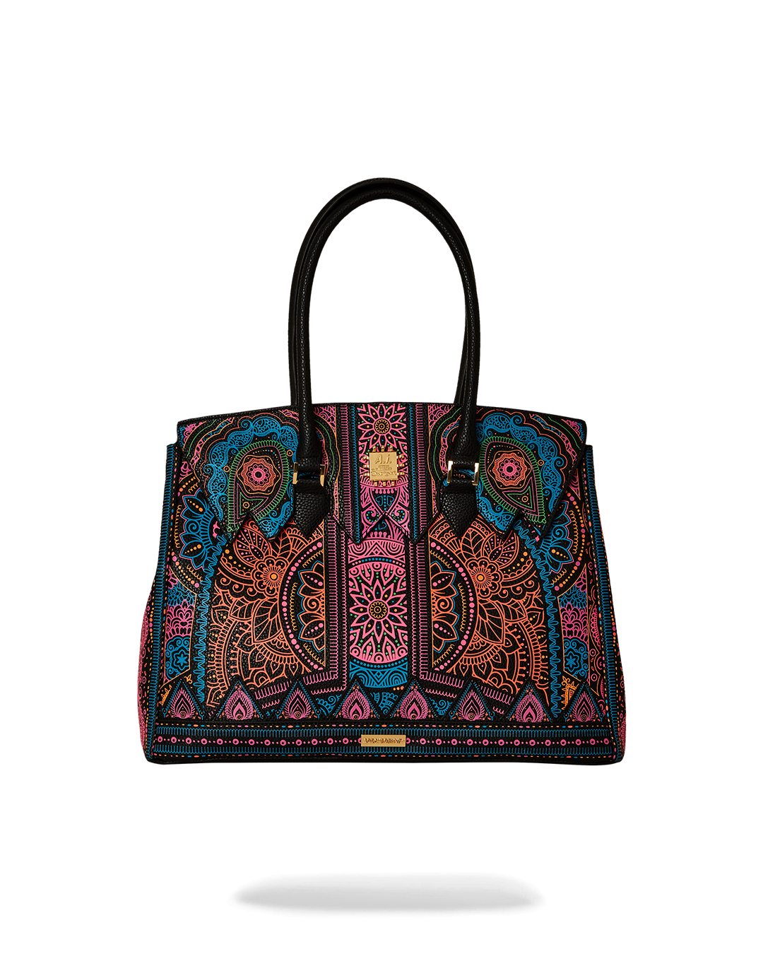 Front view of AI Higher Realm designer handbag showcasing bold African-inspired patterns