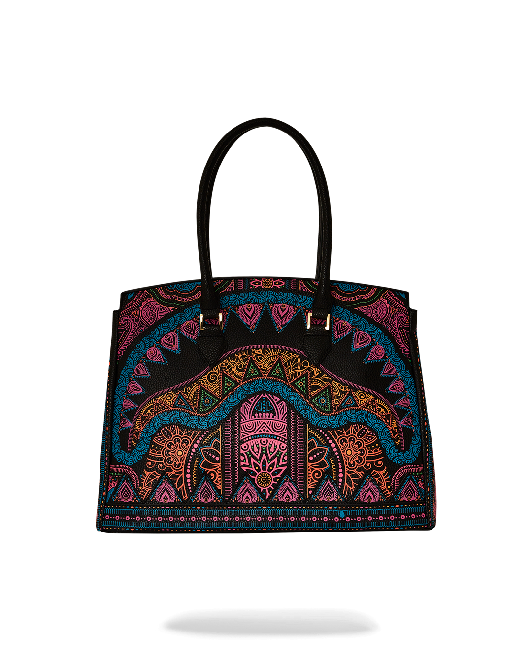 Side angle displaying expandable snaps and protective feet on sustainable handbag