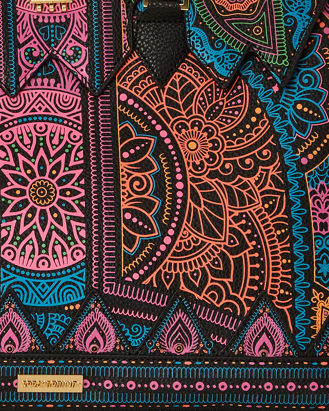 Front view of AI Higher Realm designer handbag showcasing bold African-inspired patterns