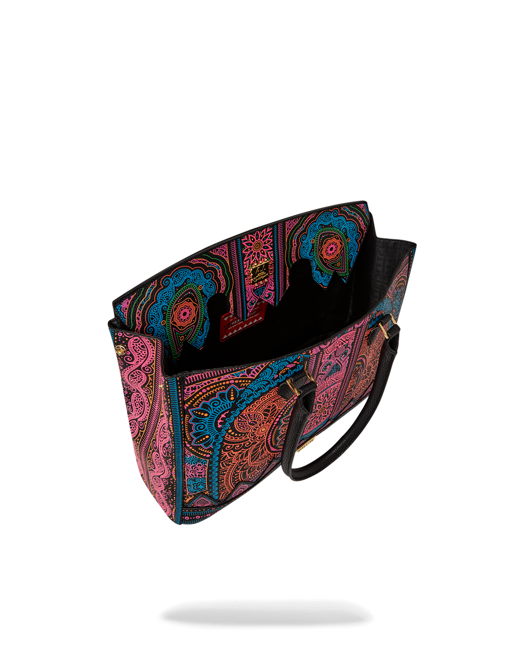 Front view of AI Higher Realm designer handbag showcasing bold African-inspired patterns