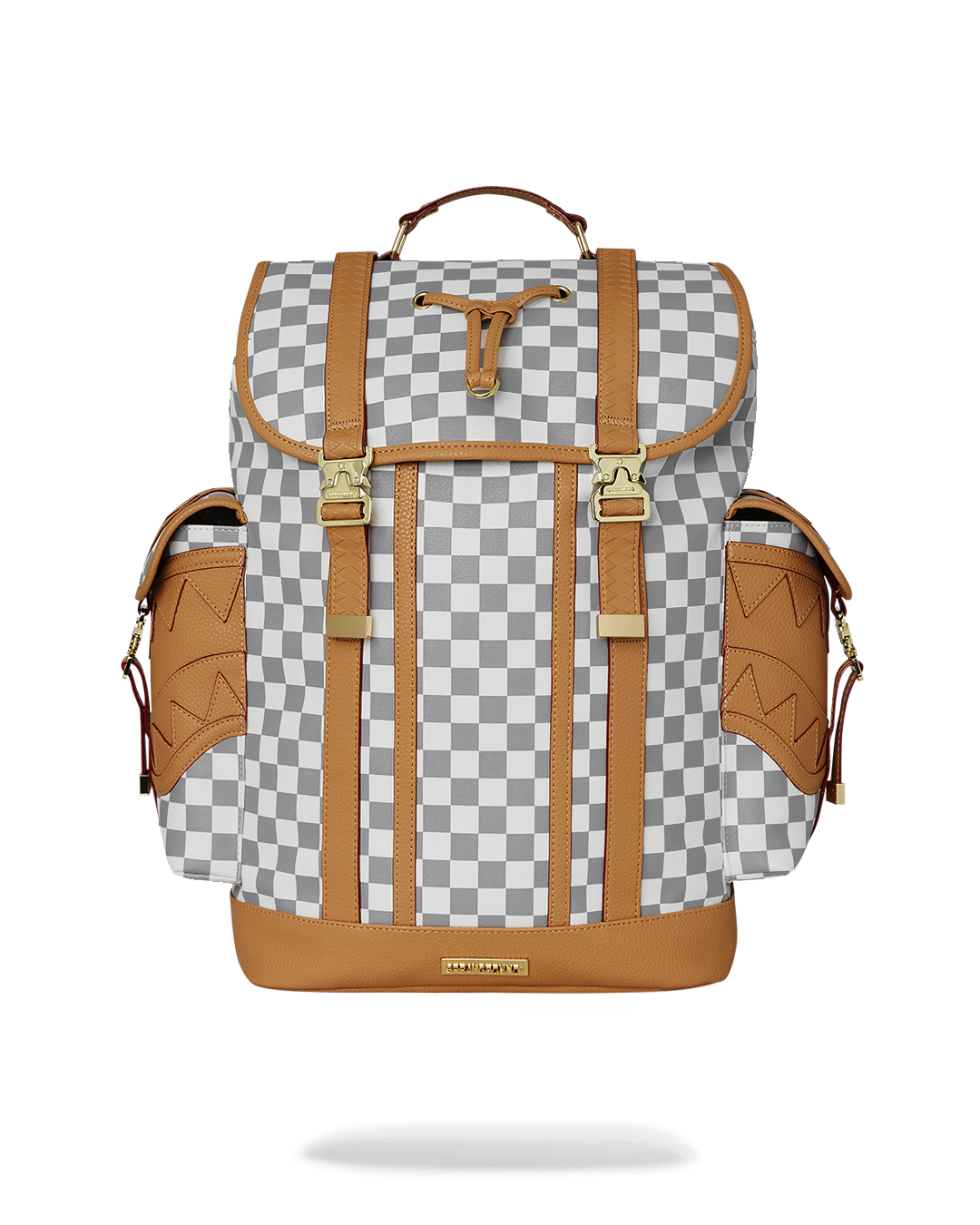 Front view of Henny Latte faux leather backpack showing buckled flap and side pockets