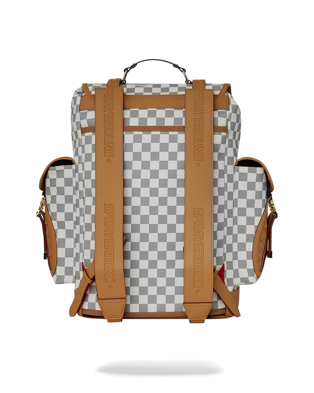 Front view of Henny Latte faux leather backpack showing buckled flap and side pockets