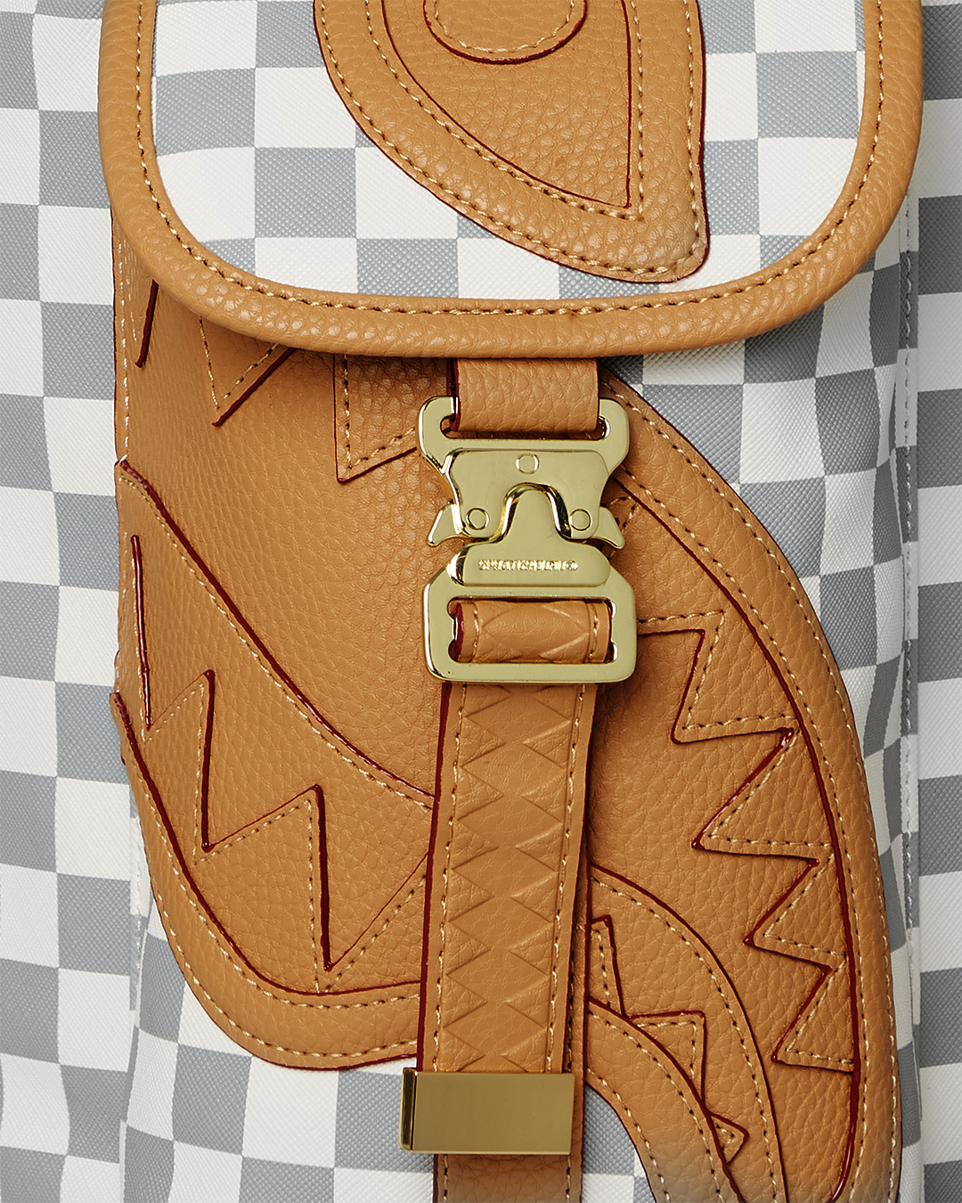 Front view of Henny Latte faux leather backpack showing buckled flap and side pockets