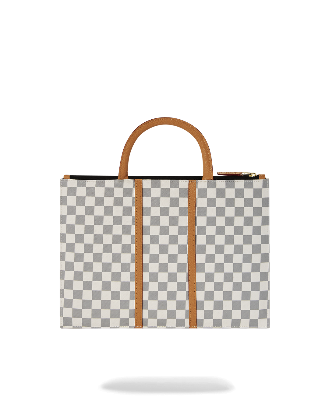 Close-up of the bags interior organizer pocket and cheetah-print lining