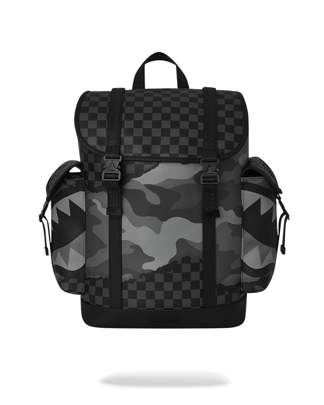 Front view of faux leather monte carlo backpack with adjustable straps