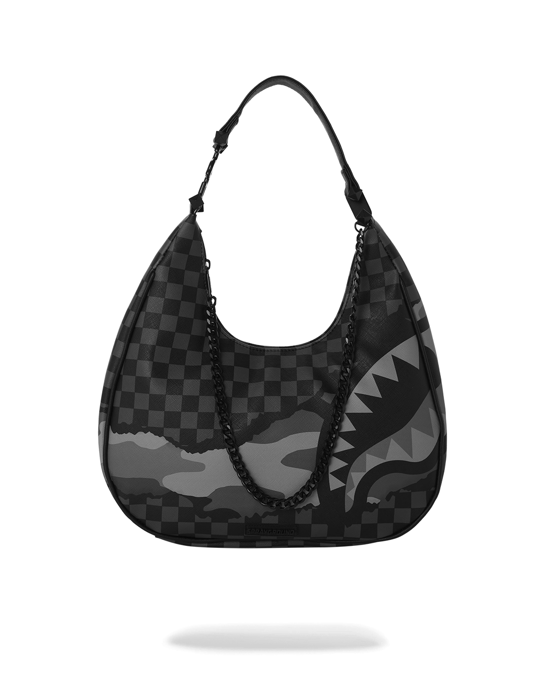 Close-up of vegan leather bags with gunmetal studs and chain detail