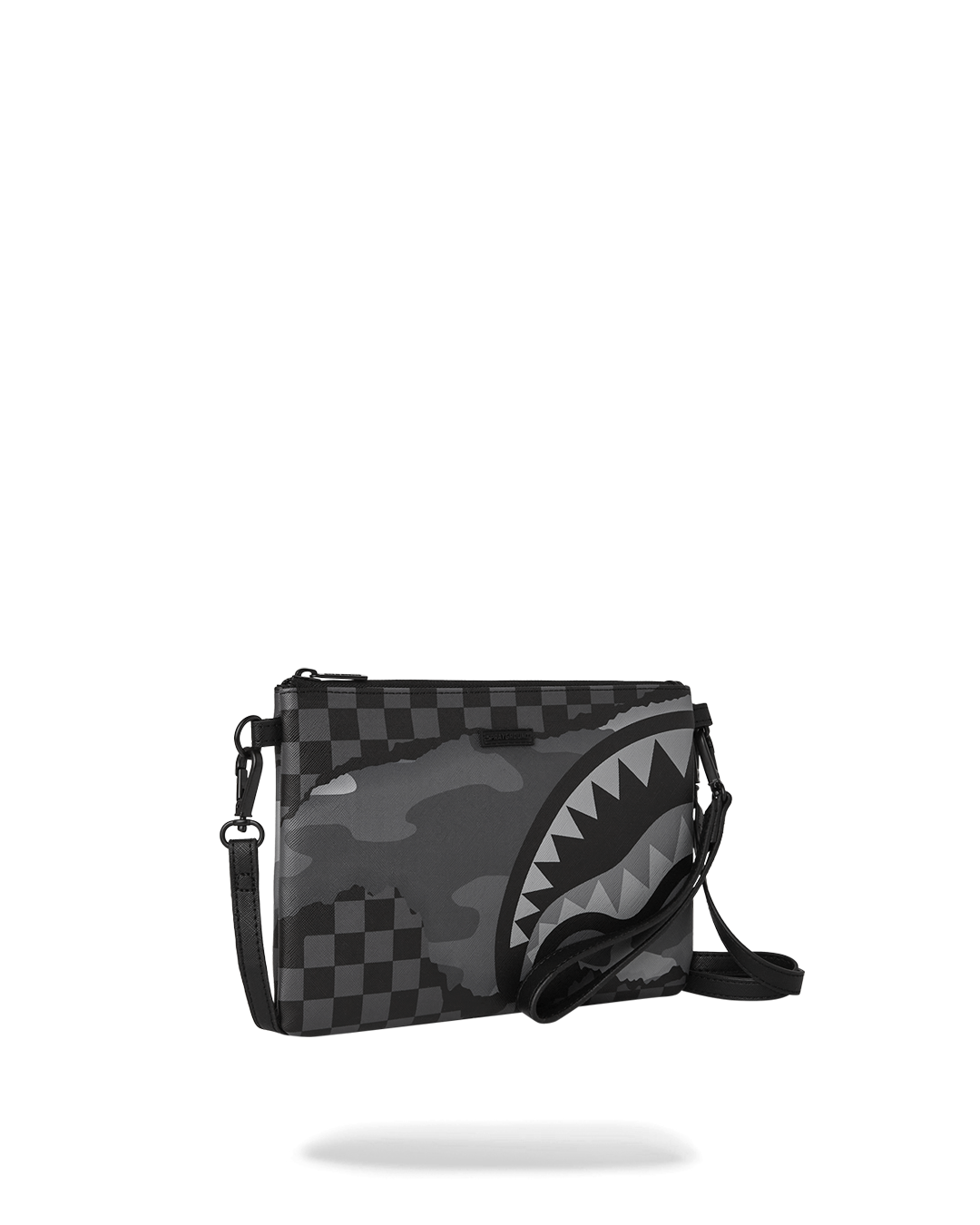 Pouchette-style clutch opened to show interior pocket