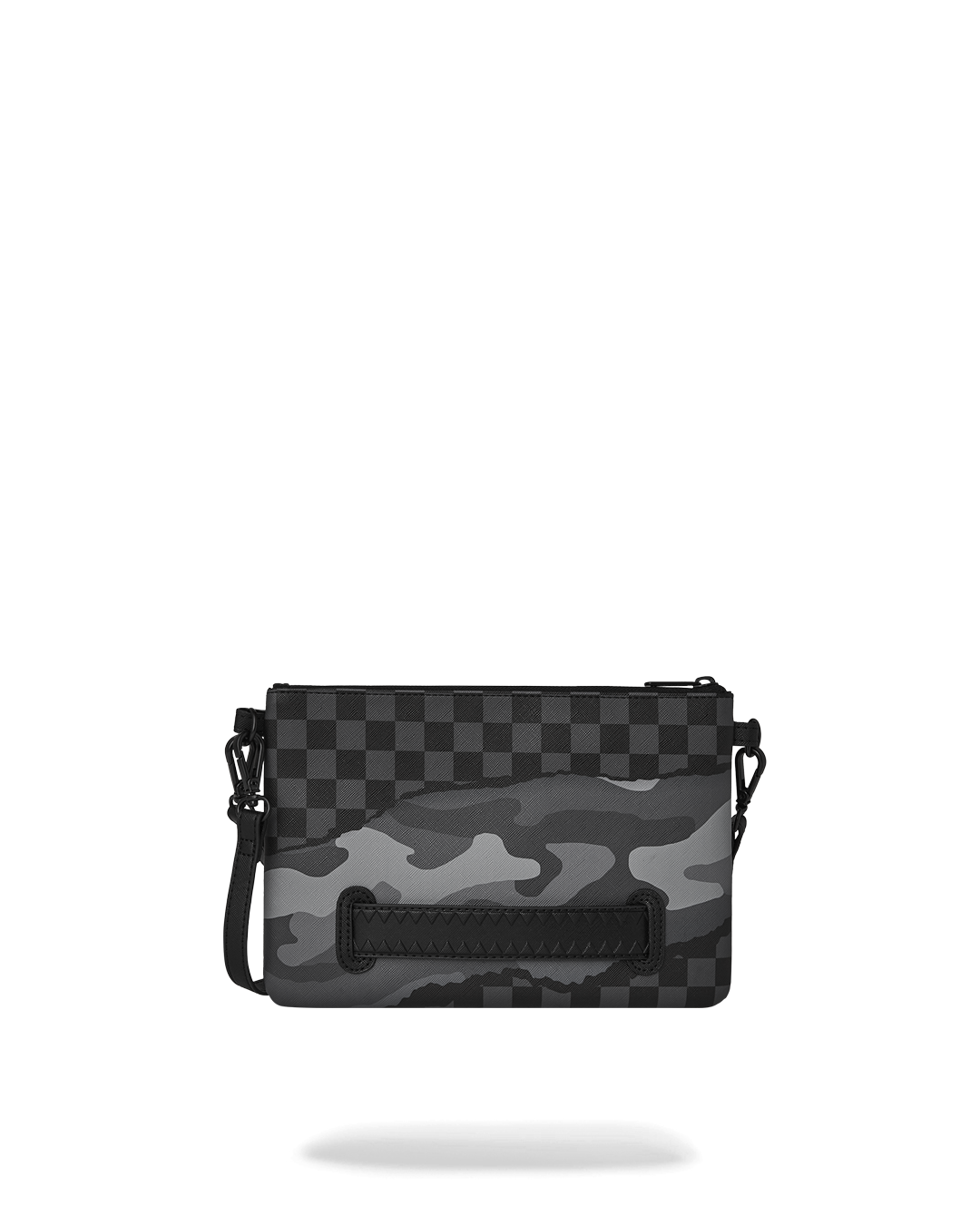 Gold clutch bag displayed with crossbody strap attached