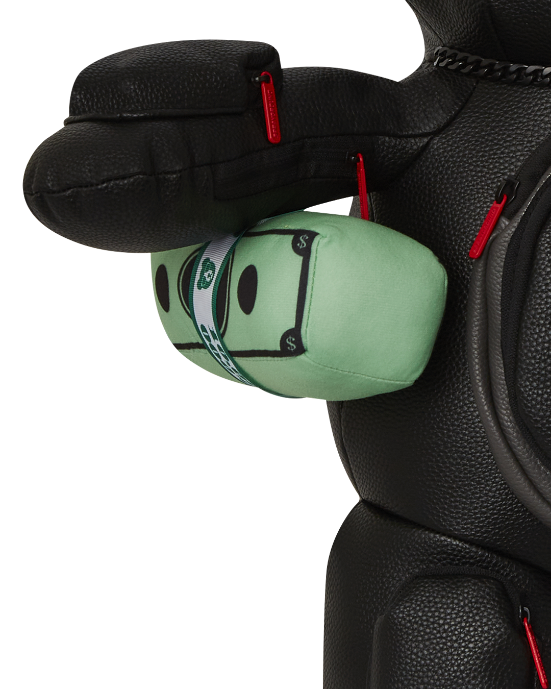Front view of the sprayground teddy bear backpack featuring the money bear motif