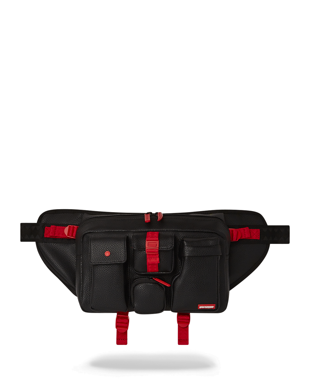 Close-up of waist pack’s vegan leather texture and zipper details
