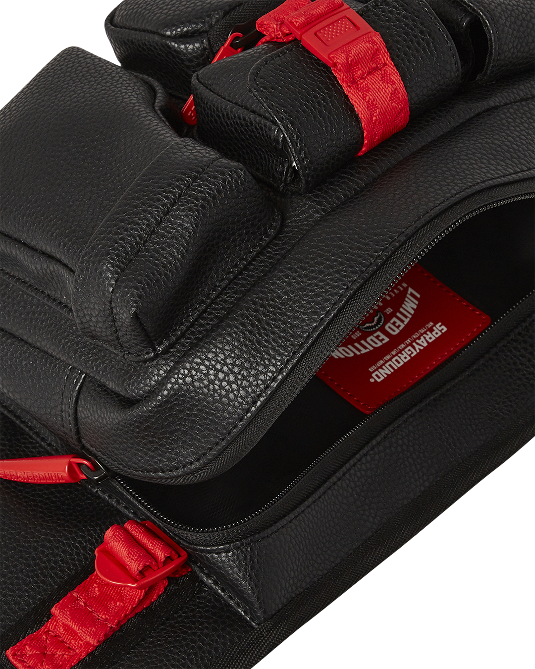 Close-up of waist pack’s vegan leather texture and zipper details