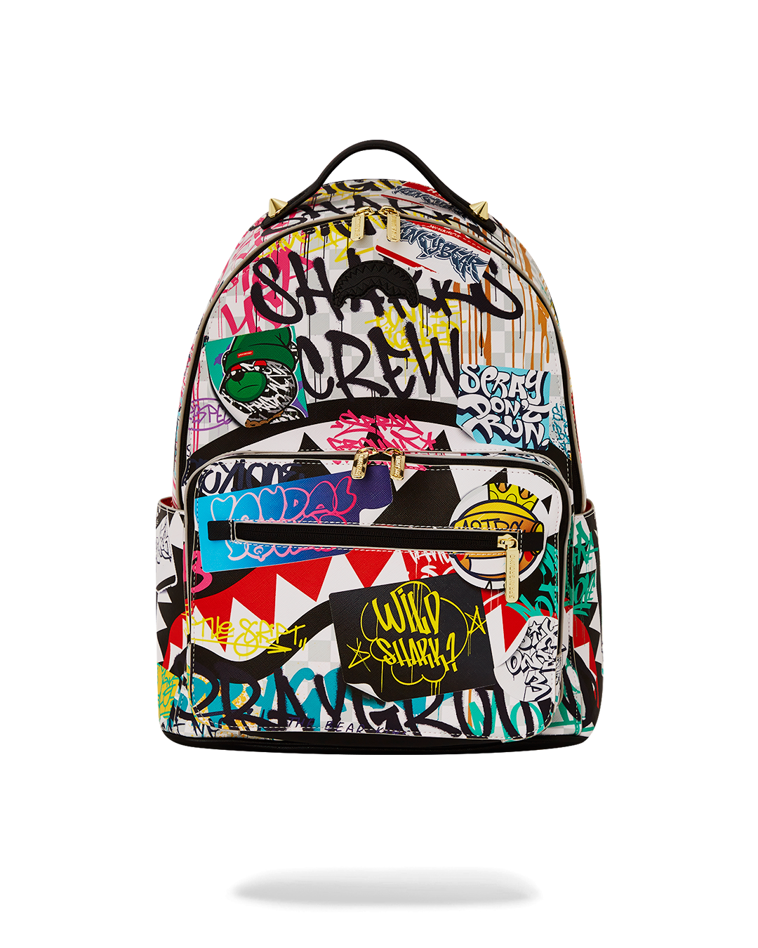Front view of vegan leather backpack with zippered pocket and sleek finish