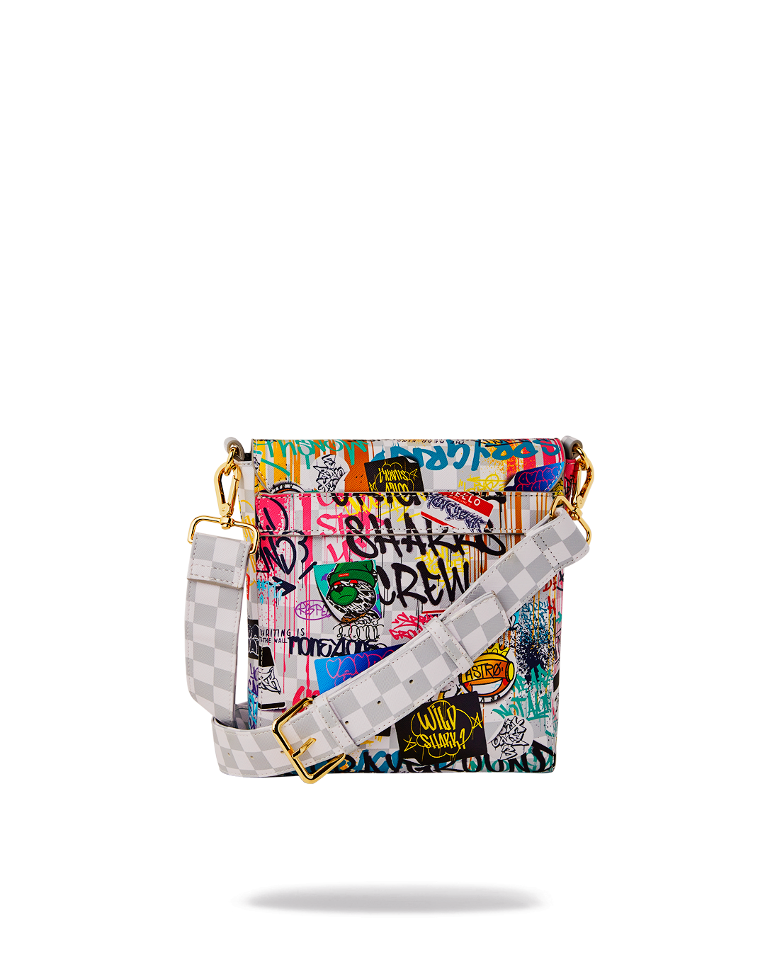 Side view showing the adjustable strap and zippered compartments.