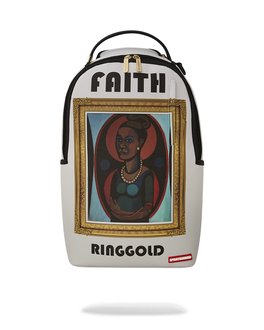Faith Ringgold Self-Portrait Backpack in pink faux leather, front view