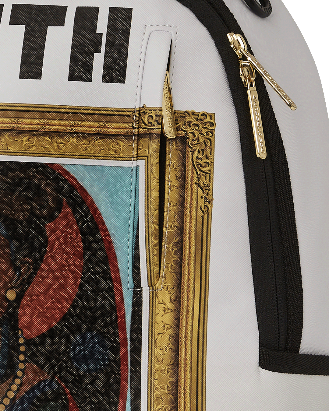 Faith Ringgold Self-Portrait Backpack in pink faux leather, front view