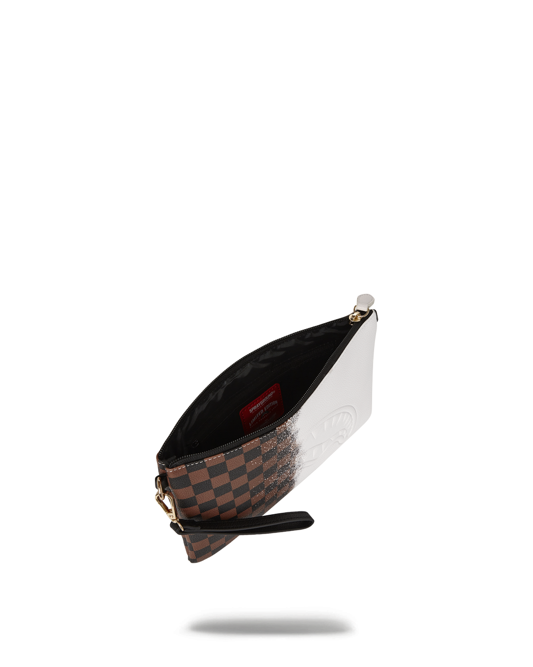 Front view of convertible pouch in gold with wristlet strap displayed