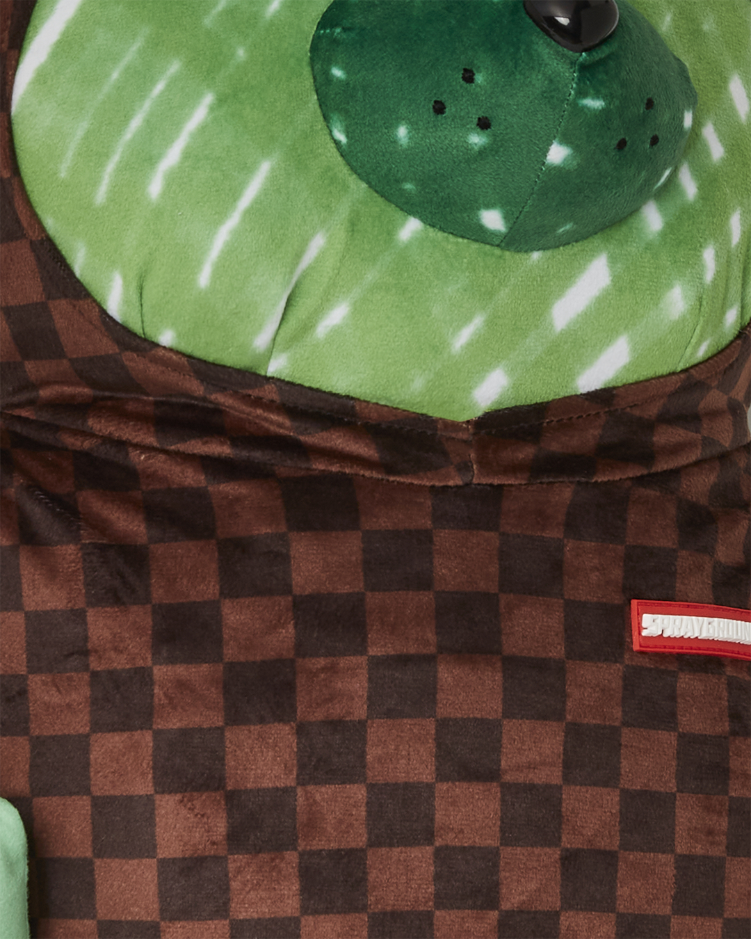 Front view of Sprayground teddy bear backpack worn in NYC streetwear style